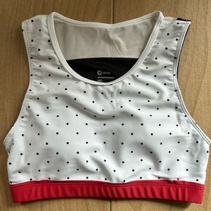 Red, white and blue Oiselle blackbird crop sports bra